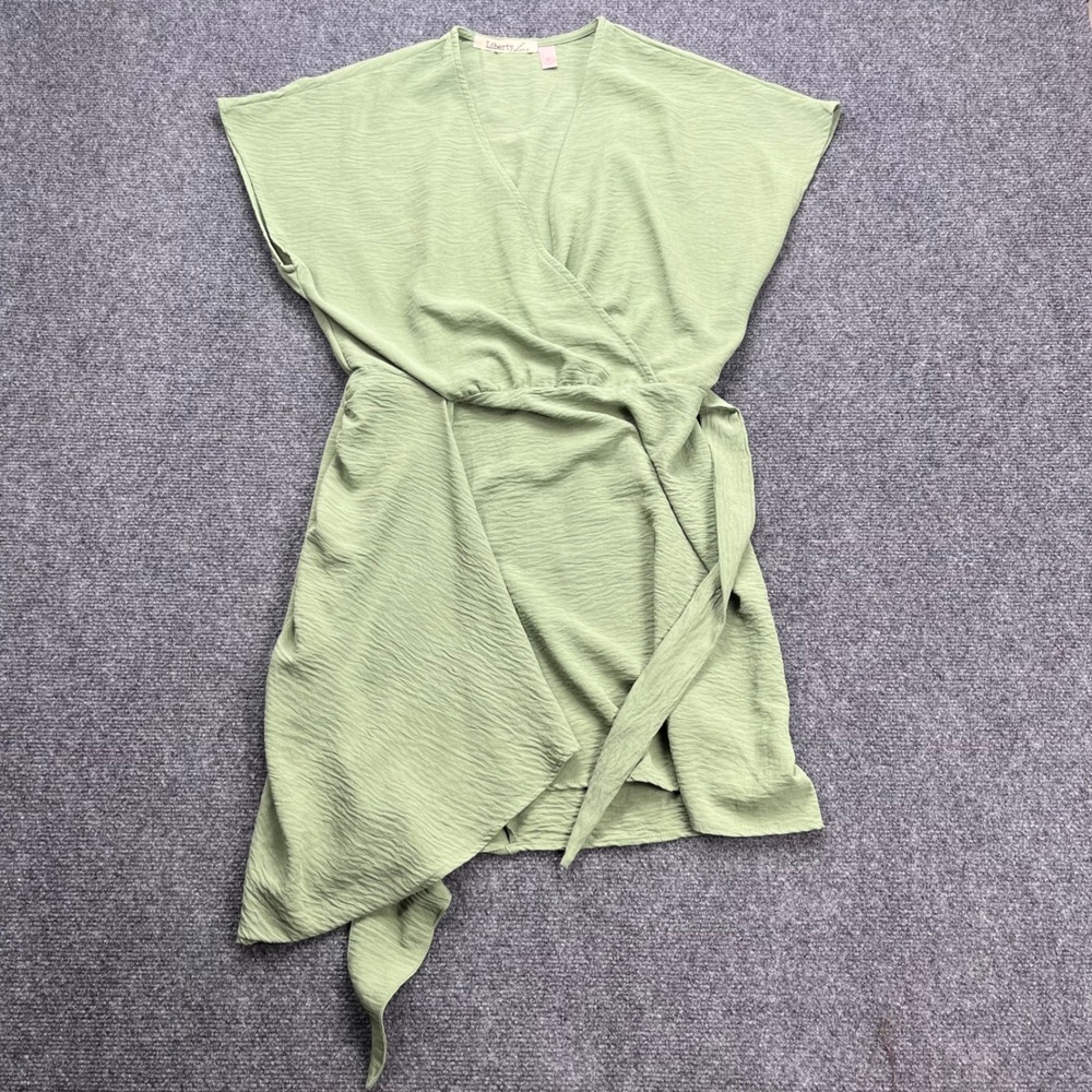 Liberty Love Textured Faux Wrap Sage Green Cap Sleeve Mini Dress